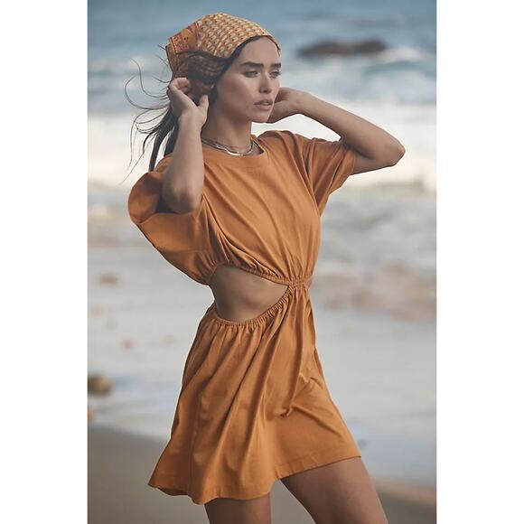 Free People Beach Mustard Orange Dandelion Cut Out Mini T-shirt Dress SZ XS - Picture 3 of 12